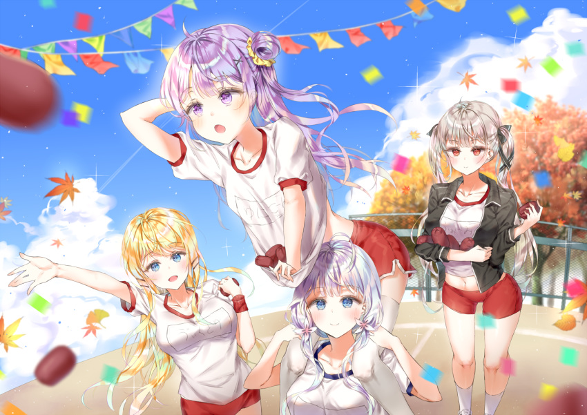4girls :o ahoge alternate_costume arm_up azur_lane ball_toss black_jacket blonde_hair blue_eyes blue_sky blurry blurry_foreground blush buruma carrying cloud commentary_request confetti day depth_of_field foreshortening formidable_(azur_lane) grey_hair gym_uniform hair_bun hair_ornament illustrious_(azur_lane) jacket leaf light_particles long_hair looking_at_another looking_at_viewer looking_to_the_side looking_up maple_leaf multiple_girls open_clothes open_jacket open_mouth outdoors piggyback purple_eyes purple_hair qlakwnd red_eyes red_shorts shirt shirt_basket short_sleeves shorts silver_hair sky smile socks sports_festival streamers t-shirt thighhighs track_jacket two_side_up unicorn_(azur_lane) very_long_hair victorious_(azur_lane) white_legwear white_shirt x_hair_ornament