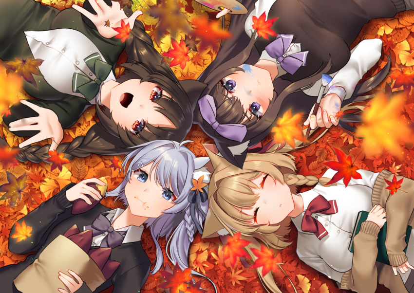 4girls :d animal_ears arashio_(azur_lane) asashio_(azur_lane) autumn autumn_leaves azur_lane bag black_cardigan blue_eyes blurry bow bowtie braid breasts brown_cardigan brown_hair brown_sweater buttons cardigan cat_ears circle_formation closed_eyes collared_shirt commentary_request depth_of_field eating food from_above hair_bow holding large_breasts leaf long_hair long_sleeves looking_at_viewer lying maple_leaf michishio_(azur_lane) mizuki_eiru_(akagi_kurage) multiple_girls off_shoulder on_back ooshio_(azur_lane) open_mouth outdoors paint paintbrush palette paper_bag purple_bow purple_eyes purple_neckwear red_eyes red_neckwear shirt silver_hair sleeping smile sweater sweater_vest sweet_potato twin_braids undershirt white_shirt yakiimo