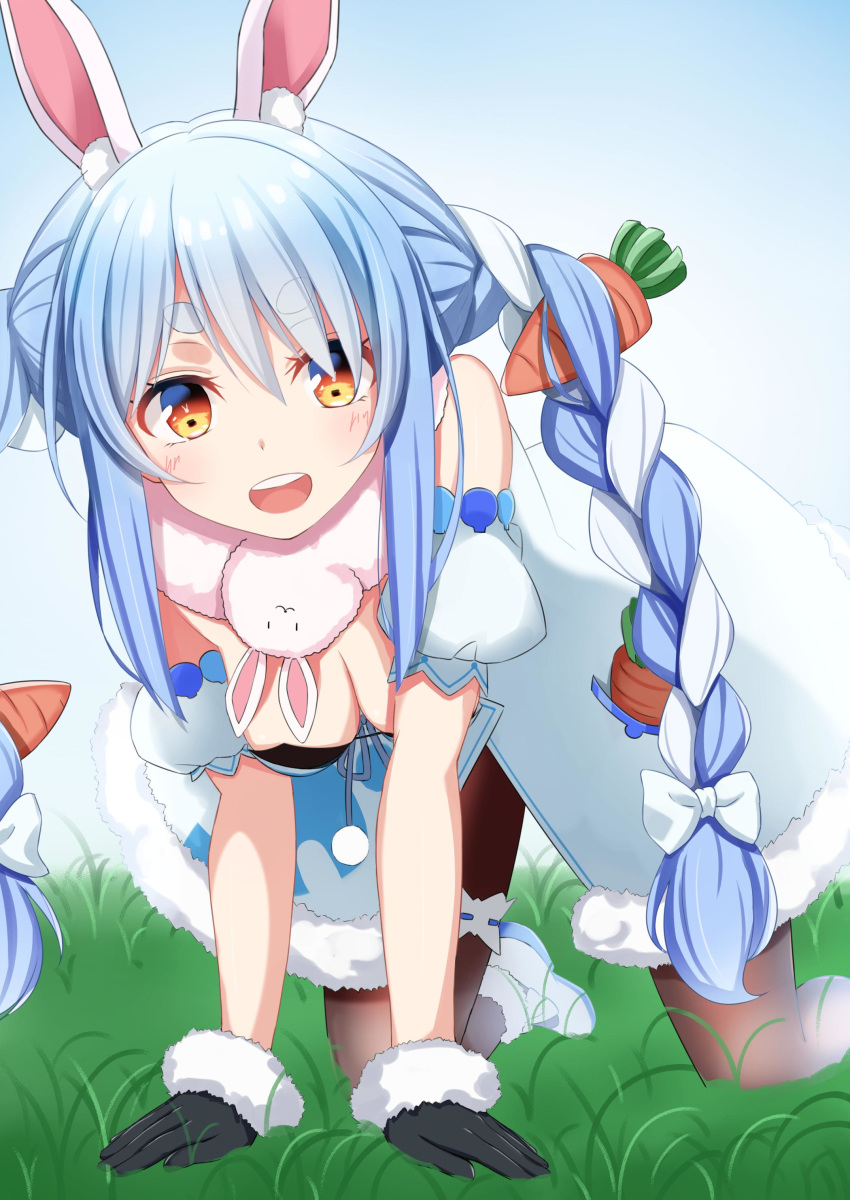 1girl absurdres all_fours animal_ear_fluff animal_ears bangle bare_shoulders black_gloves black_legwear blue_hair blush bow bracelet breasts bunny_ears bunny_girl bunnysuit carrot_hair_ornament cleavage extra_ears food_themed_hair_ornament fur_trim gloves grass hair_bow hair_ornament highres hololive honorikiti jewelry leg_garter long_braid long_hair looking_at_viewer medium_breasts multicolored_hair open_mouth orange_eyes ribbon_braid scarf sleeveless thick_eyebrows thigh_strap thighhighs thighs twintails two-tone_hair upper_teeth usada_pekora virtual_youtuber white_bow white_coat white_footwear white_hair