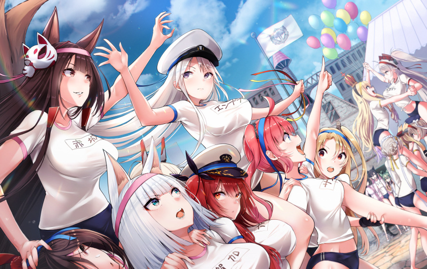 6+girls ahoge akagi_(azur_lane) akashi_(azur_lane) animal_ears antenna_hair atago_(azur_lane) azur_lane bangs beret black_hair black_ribbon blonde_hair blue_buruma blue_eyes blush bow braid breasts brown_hair buruma cat_ears cleveland_(azur_lane) crown enterprise_(azur_lane) extra_ears eyebrows_visible_through_hair floating_hair flower fox_ears fox_tail green_hair gym_uniform hair_between_eyes hair_bow hair_ears hair_flaps hair_flower hair_ornament hair_ribbon hairband hat head_tilt headgear highres honolulu_(azur_lane) javelin_(azur_lane) kaga_(azur_lane) kibasen large_breasts long_hair looking_at_viewer maid_headdress mappaninatta mask mask_on_head mini_crown multicolored_hair multiple_girls multiple_tails name_tag one_side_up open_mouth outdoors parted_bangs peaked_cap ponytail prinz_eugen_(azur_lane) purple_eyes purple_hair queen_elizabeth_(azur_lane) red_eyes red_hair ribbon san_diego_(azur_lane) sheffield_(azur_lane) shirt short_hair short_sleeves sidelocks silver_hair sky sports_festival streaked_hair tail takao_(azur_lane) twintails two_side_up very_long_hair warspite_(azur_lane) white_bow white_shirt z23_(azur_lane) zuikaku_(azur_lane)