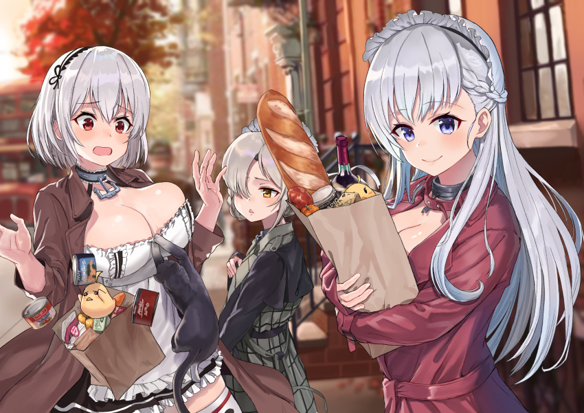 3girls alternate_costume animal autumn autumn_leaves azur_lane bag baguette belfast_(azur_lane) bird black_dress blurry bottle braid bread breasts brown_jacket building can canned_food carrot casual cat chick cleavage closed_mouth coat collar commentary_request day depth_of_field dress food frilled_dress frills grey_dress grey_hair groceries grocery_bag hair_over_one_eye halterneck hands_up headdress highres jacket jjeono large_breasts long_hair looking_at_viewer maid manjuu_(azur_lane) multiple_girls open_clothes open_jacket open_mouth outdoors parted_lips purple_eyes red_coat red_eyes sheffield_(azur_lane) shopping_bag short_hair silver_hair sirius_(azur_lane) smile thighhighs tree white_legwear wine_bottle wing_collar yellow_eyes zettai_ryouiki