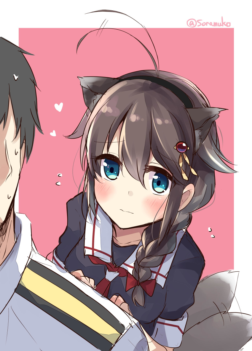 1boy 1girl absurdres admiral_(kantai_collection) animal_ears blue_eyes blush braid brown_hair closed_mouth commentary_request dog_ears dog_tail dress_shirt epaulettes eyebrows_visible_through_hair hair_between_eyes hair_flaps hair_ornament hair_over_shoulder hair_ribbon highres kantai_collection kemonomimi_mode long_hair looking_at_viewer military military_uniform naval_uniform pleated_skirt remodel_(kantai_collection) ribbon school_uniform serafuku shigure_(kantai_collection) shirt single_braid skirt soramuko sweatdrop tail twitter_username two-tone_background uniform