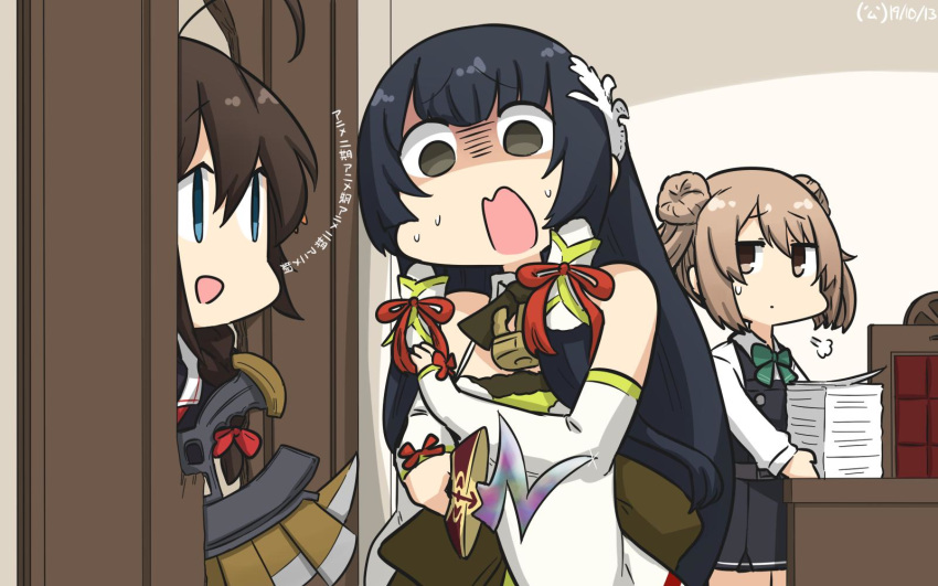 3girls =3 ahoge axe black_hair black_serafuku blue_eyes braid broken_door brown_hair caster check_commentary commentary_request dated desk double_bun dress empty_eyes fate/grand_order fate/stay_night fate_(series) green_dress grey_eyes hair_bun hair_flaps hair_over_shoulder hair_ribbon hair_tubes hakama hamu_koutarou here's_johnny! highres indoors japanese_clothes kantai_collection light_brown_hair long_hair looking_at_another looking_away michishio_(kantai_collection) mizuho_(kantai_collection) multiple_girls obi office open_mouth panicking parody pinafore_dress remodel_(kantai_collection) ribbon rulebreaker sakata_kintoki_(fate/grand_order) sash scared school_uniform screaming serafuku shaded_face shigure_(kantai_collection) short_twintails sidelocks sigh signature single_braid solid_oval_eyes the_shining translated twintails very_long_hair yellow_eyes