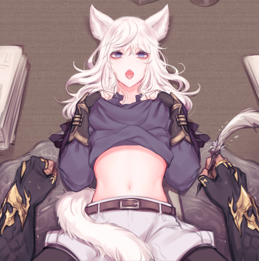 1boy 1girl animal_ears aymeric bangs belt black_legwear desk elezen elf estinien fang final_fantasy final_fantasy_xiv fingerless_gloves genderswap genderswap_(mtf) gloves highres legwear_under_shorts lifted_by_self long_hair looking_at_viewer lying midriff miqo'te navel on_back open_mouth pannakotta pantyhose paper pointy_ears pov quill shirt_lift shorts solo_focus tail white_hair