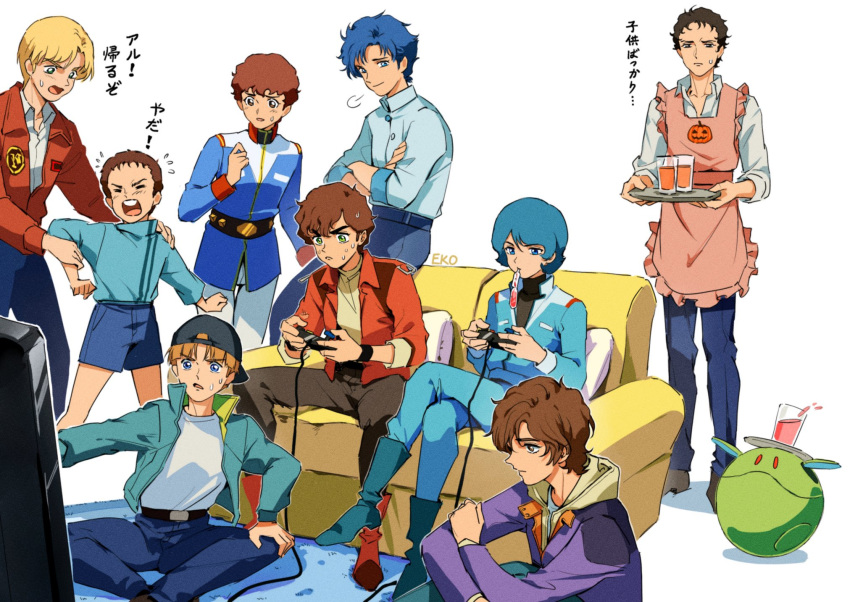 6+boys alfred_izuruha amuro_ray apron artist_name backwards_hat banagher_links baseball_cap belt bernard_wiseman black_belt black_hat blonde_hair blue_boots blue_eyes blue_hair blue_jacket blue_pants blue_shirt blue_shorts boots brown_apron brown_eyes brown_hair brown_pants brown_shoes carpet closed_eyes closed_mouth collared_jacket collared_shirt commentary_request controller couch crossed_arms crossed_legs cup drink ekomozzarella flying_sweatdrops game_controller grabbing_another's_arm green_eyes gundam gundam_0080 gundam_f91 gundam_hathaway's_flash gundam_unicorn gundam_zz hand_on_own_arm hand_on_own_knee haro hat hathaway_noa highres holding holding_controller holding_game_controller holding_tray hood hood_down jacket judau_ashta kamille_bidan long_sleeves looking_at_another mafti_nabiyu_erin male_focus military_uniform mobile_suit_gundam multiple_boys on_couch on_floor open_clothes open_jacket open_mouth pants puff_of_air pumpkin_print purple_jacket red_boots red_jacket seabook_arno shirt shoes short_hair shorts sitting smile standing sweat sweatdrop translation_request tray uso_ewin victory_gundam white_pants zeta_gundam