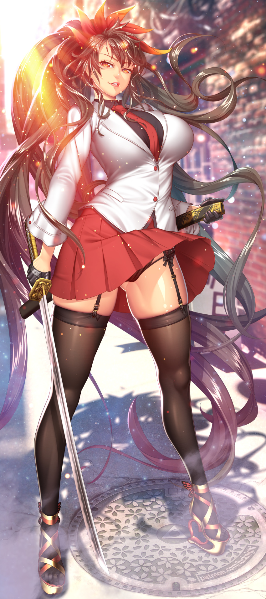 1girl absurdres ass_visible_through_thighs bangs black_hair black_legwear black_panties black_shirt blurry blurry_background breasts brown_eyes day eyebrows_visible_through_hair full_body garter_straps gloves ha_yuri_zahard half_gloves highres holding holding_sword holding_weapon katana large_breasts legs_apart lips long_hair looking_at_viewer lucknight manhole_cover necktie outdoors panties parted_lips platform_footwear pleated_skirt ponytail shirt skirt skirt_lift solo standing suit_jacket sword thighhighs tower_of_god underwear weapon wind wind_lift
