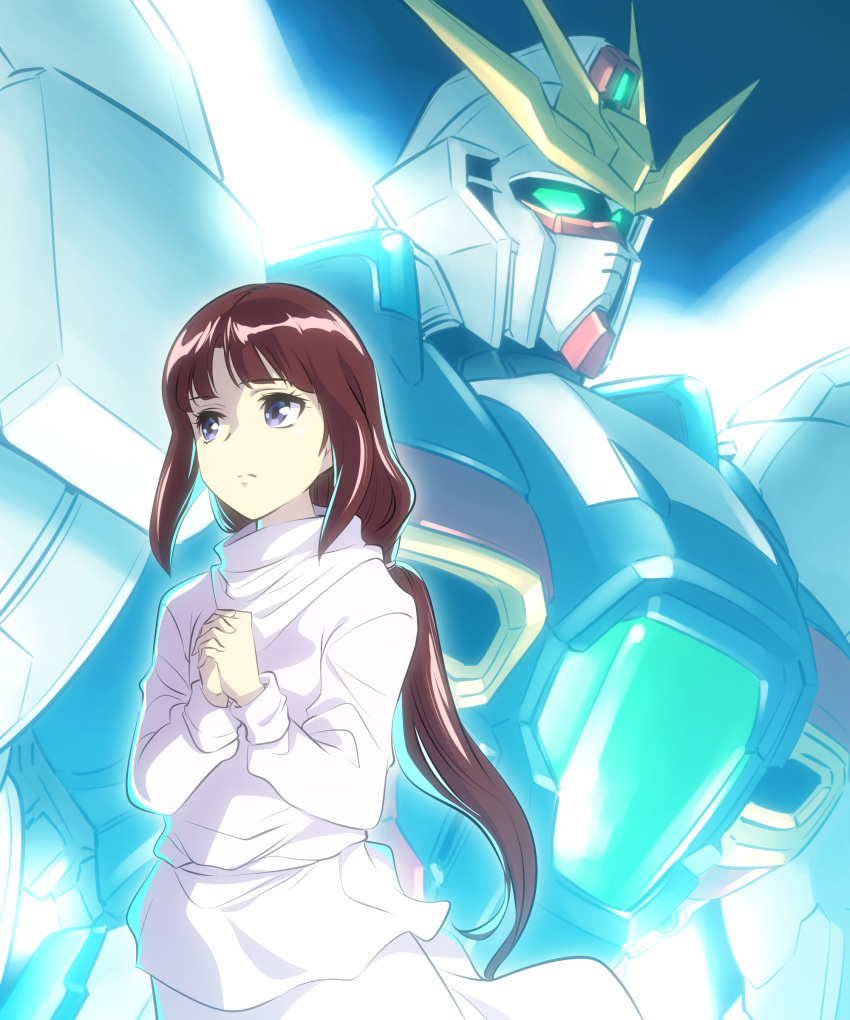 1girl absurdres after_war_gundam_x bangs blunt_bangs brown_hair commentary_request eyebrows_visible_through_hair glowing glowing_eyes green_eyes gundam gundam_x highres ishiyumi long_hair long_sleeves low_ponytail mecha purple_eyes shiny shiny_hair sidelocks tiffa_adill very_long_hair