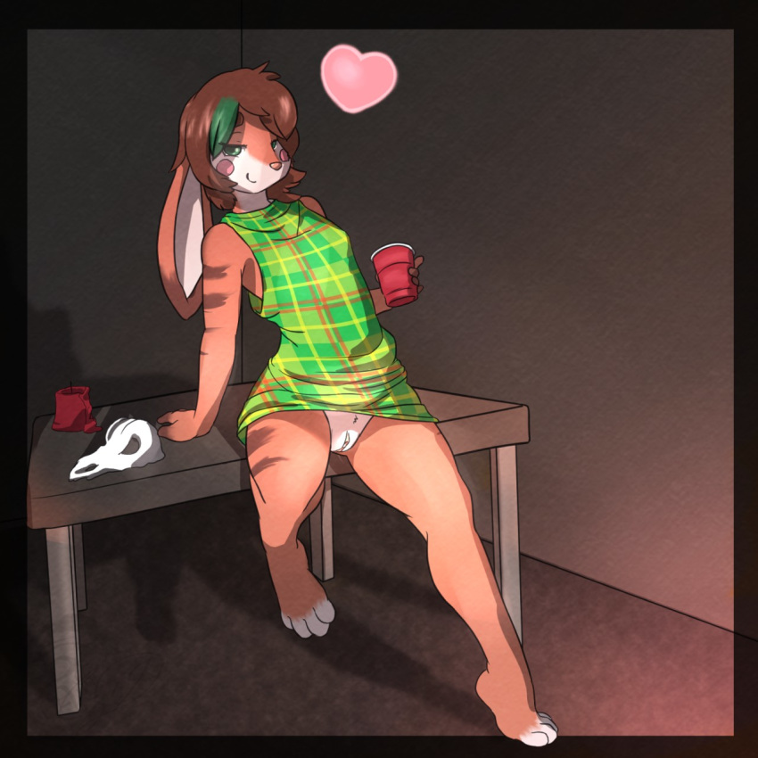 &lt;3 1:1 2019 anthro beverage blush bone bottomless breasts cainethelongshot candle clitoral_hood clitoris clothed clothing costume dress esmeralda ezzie female first_person_view floppy_ears fur furniture green_eyes hair hi_res lagomorph leporid looking_at_viewer mammal markings no_underwear party pussy rabbit short_hair simple_background sitting skull small_breasts smile solo solo_cup spread_legs spreading standing table topwear upskirt