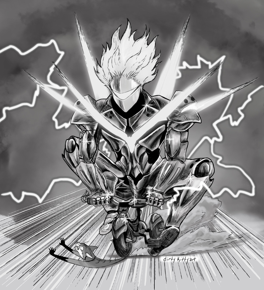 1boy absurdres armor artist_name battle cat chasing commentary dirtykittyart dust_cloud english_commentary greyscale highres kudou_kishi lightning male_focus mask monochrome one-punch_man riding shiny solo speed_lines tricycle