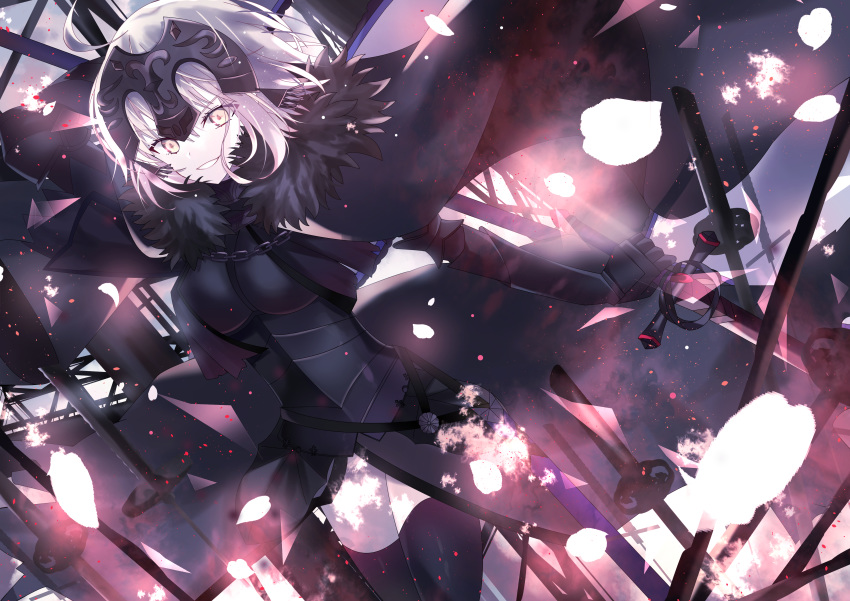 1girl absurdres aoi_yugina armor armored_dress black_dress black_legwear dress dutch_angle fate/grand_order fate_(series) floating_hair gauntlets grin highres holding holding_sword holding_weapon jeanne_d'arc_(alter)_(fate) jeanne_d'arc_(fate)_(all) looking_at_viewer short_hair silver_hair smile solo standing sword thighhighs weapon yellow_eyes
