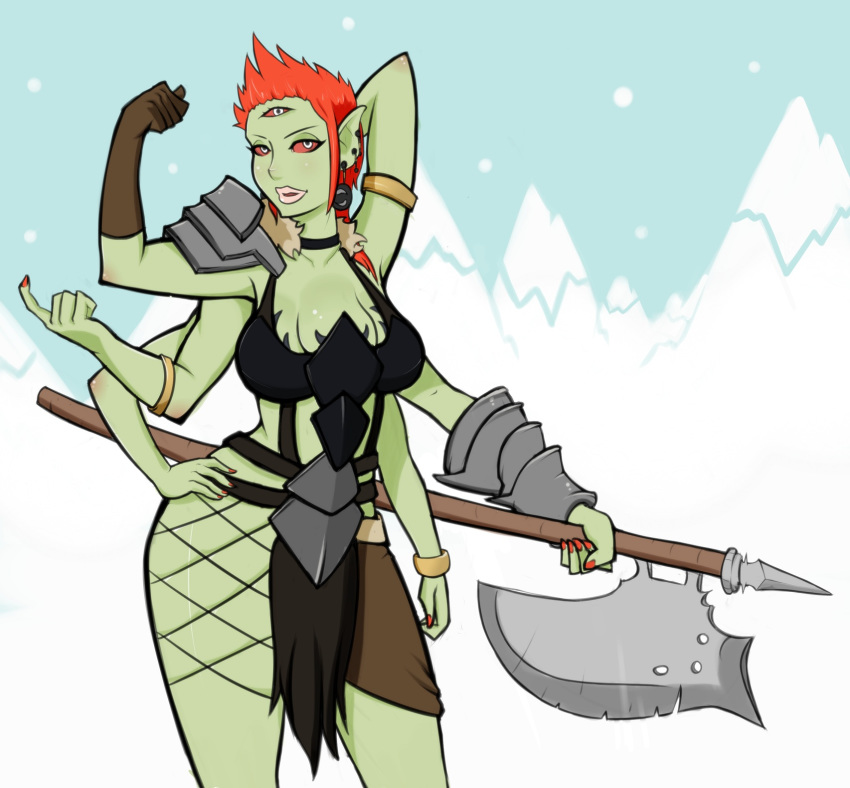 2013 5_fingers armor avernalascent breasts cleavage clothed clothing digital_media_(artwork) ear_piercing ear_ring female fingers gesture green_body green_skin hair half-closed_eyes hand_behind_head hi_res holding_object holding_weapon humanoid humanoid_hands humanoid_pointy_ears lhasa_(ogress) lips multi_breast multi_eye multi_limb not_furry ogre piercing portrait red_hair solo standing thick_thighs three-quarter_portrait unconvincing_armor weapon wide_hips