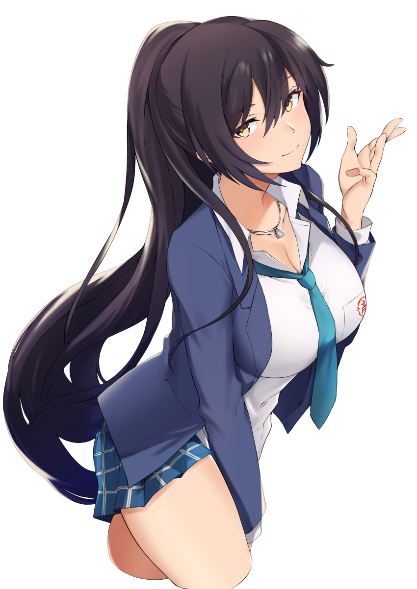 1girl absurdres bangs black_hair blue_jacket blush breasts cleavage closed_mouth collared_shirt cropped_legs dog_tags dress_shirt fujitsubo_(hujitubo0731) green_neckwear hair_between_eyes hand_up high_ponytail highres idolmaster idolmaster_shiny_colors jacket large_breasts long_hair looking_at_viewer necktie open_clothes open_jacket plaid plaid_skirt pleated_skirt ponytail school_uniform shirase_sakuya shirt simple_background skirt smile solo thighs white_background white_shirt yellow_eyes