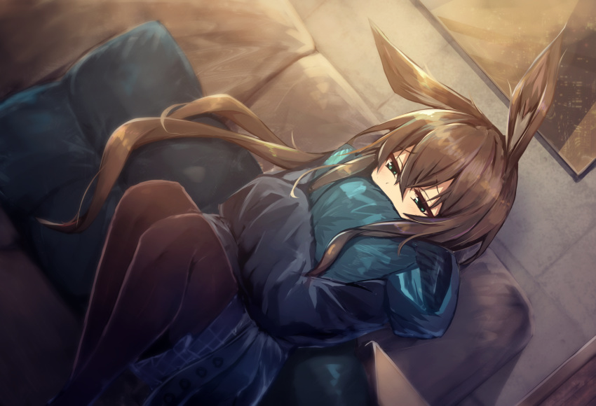 1girl amiya_(arknights) animal_ear_fluff animal_ears arknights bangs black_jacket blue_skirt blush brown_hair brown_legwear bunny_ears commentary couch covered_mouth dutch_angle eyebrows_visible_through_hair feet_out_of_frame green_eyes hair_between_eyes highres hood hood_down hooded_jacket indoors jacket knees_up long_hair long_sleeves on_couch open_clothes open_jacket pantyhose pillow pillow_hug pleated_skirt shinopoko sitting skirt sleeves_past_fingers sleeves_past_wrists solo very_long_hair