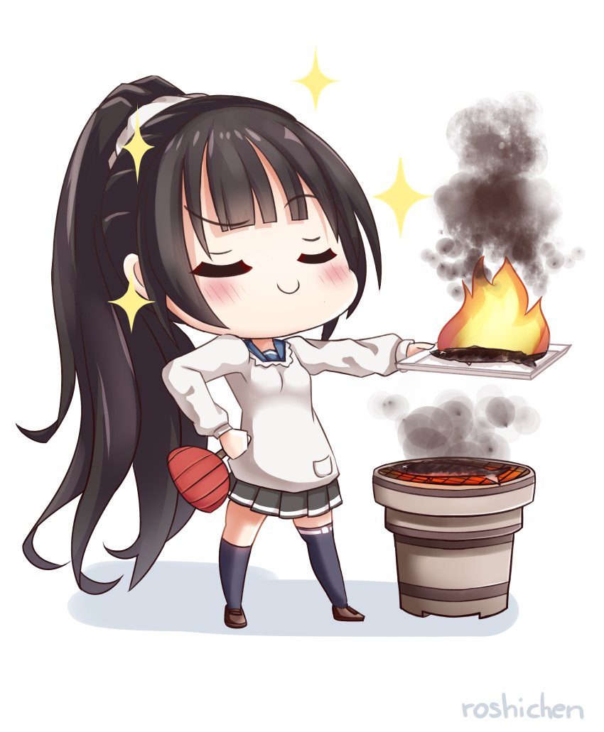 1girl absurdres apron artist_name black_footwear black_hair black_legwear black_skirt blue_sailor_collar blush burning burnt chibi closed_eyes closed_mouth commentary_request eyebrows_visible_through_hair fire fish grill hand_fan highres holding isokaze_(kancolle) kantai_collection kappougi kneehighs long_hair plate pleated_skirt ponytail roshi_chen sailor_collar saury school_uniform serafuku shoes simple_background skirt smile smoke solo sparkle uniform white_background