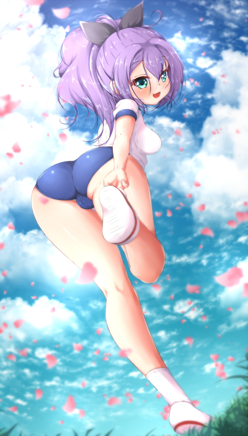 1girl ass azur_lane blue_buruma blue_sky breasts buruma cameltoe cloud day ether_core from_behind gym_shirt gym_uniform high_ponytail highres javelin_(azur_lane) long_hair looking_at_viewer looking_back medium_breasts outdoors panties_under_buruma ponytail purple_hair shiny shiny_hair shiny_skin shirt shoes short_sleeves sky sneakers solo standing