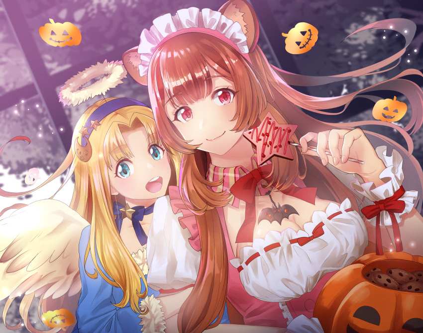 2girls absurdres alternate_costume angel_wings animal_ears bangs blonde_hair blue_eyes blue_ribbon breasts brown_hair candy cleavage commentary_request cookie costume crescent crescent_hair_ornament cuffs eyebrows_visible_through_hair feathered_wings firo_(tate_no_yuusha_no_nariagari) food fur-trimmed_dress fur_trim hair_ornament halloween highres holding holding_candy holding_food jack-o'-lantern long_hair looking_at_viewer maid_headdress multiple_girls neck_ribbon pink_hair pumpkin raccoon_ears raccoon_girl raphtalia red_ribbon ribbon senamoto_aki smile star striped tate_no_yuusha_no_nariagari window wings