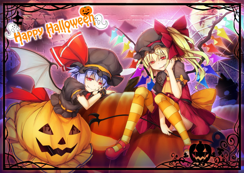 2girls :d ascot bangs bat_wings black_headwear black_shirt blue_hair border chima_q commentary_request crystal dress eyebrows_visible_through_hair fang fang_out flandre_scarlet hair_between_eyes halloween hand_on_own_cheek hand_up happy_halloween hat hat_ribbon highres holding jack-o'-lantern laevatein looking_at_viewer mary_janes mob_cap multiple_girls one_side_up open_mouth orange_legwear orange_skirt panties pantyshot pantyshot_(sitting) pink_panties puffy_short_sleeves puffy_sleeves red_dress red_eyes red_footwear red_ribbon remilia_scarlet ribbon shirt shoes short_dress short_hair short_sleeves siblings sisters sitting skirt smile striped striped_legwear touhou underwear wings wrist_cuffs yellow_neckwear