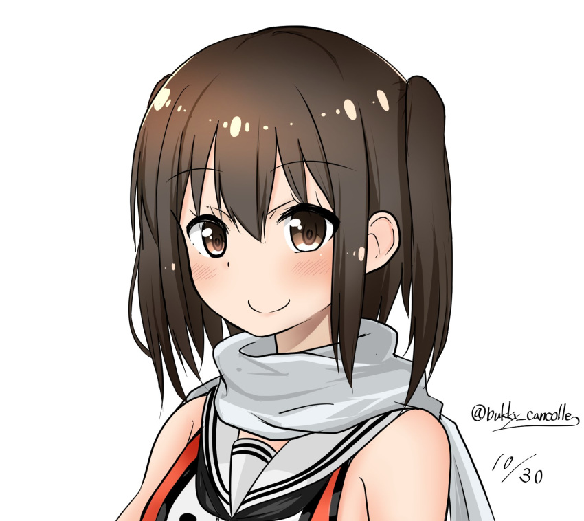 1girl brown_eyes brown_hair dated double-breasted hair_ornament highres kantai_collection kiyu_fuyuki looking_at_viewer remodel_(kantai_collection) scarf school_uniform sendai_(kantai_collection) serafuku simple_background sleeveless smile solo twitter_username two_side_up upper_body white_background white_scarf