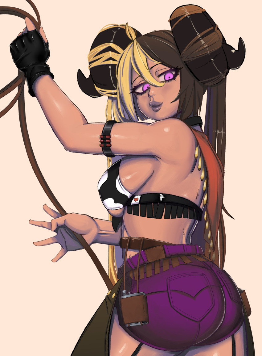 1girl ahoge aife_(zana) animal_print armband ass bandeau bandolier belt black_gloves black_horns blonde_hair borrowed_character breasts brown_hair bullet canister canteen chaps commentary cow_print cowboy dark_skin english_commentary fingerless_gloves gloves gyaru hair_between_eyes highres kevbot lasso lips long_hair looking_back multicolored_hair multiple_belts nose original pink_eyes purple_shorts short_shorts shorts sideboob solo twintails two-tone_hair underboob very_long_hair western