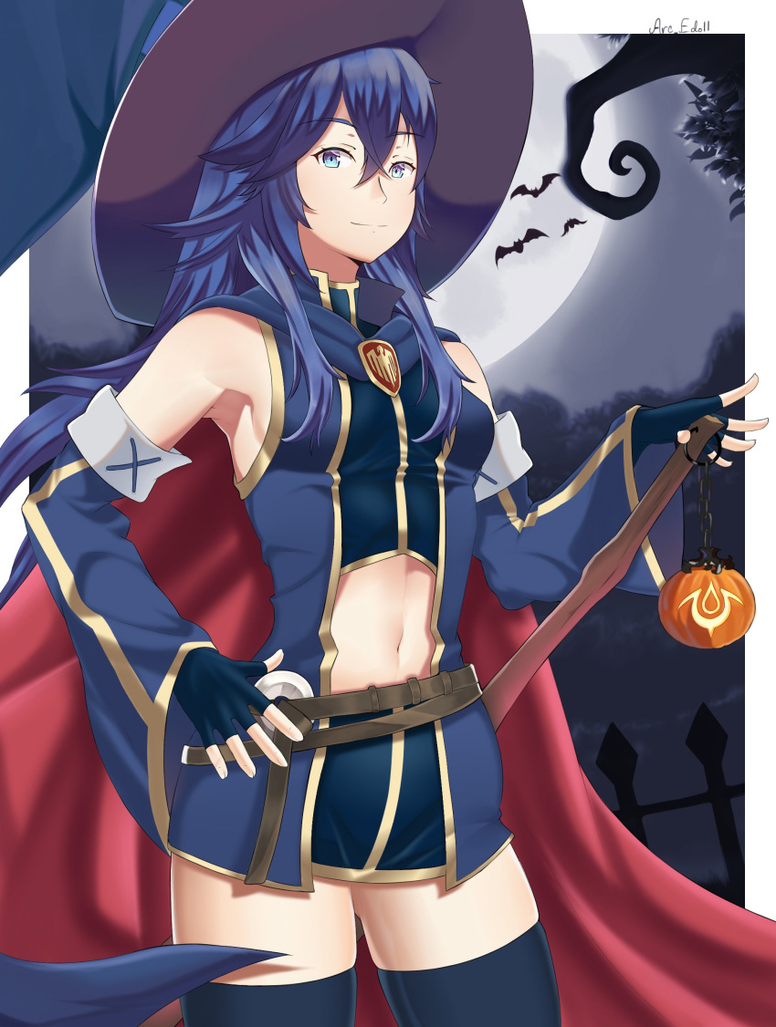 1girl absurdres arcedo bat belt blue_eyes blue_hair cape closed_mouth cosplay detached_sleeves fingerless_gloves fire_emblem fire_emblem:_path_of_radiance fire_emblem_awakening fire_emblem_heroes gloves halloween_costume hat highres long_hair long_sleeves lucina_(fire_emblem) mia_(fire_emblem) mia_(fire_emblem)_(cosplay) midriff moon navel red_cape solo thighhighs witch_hat