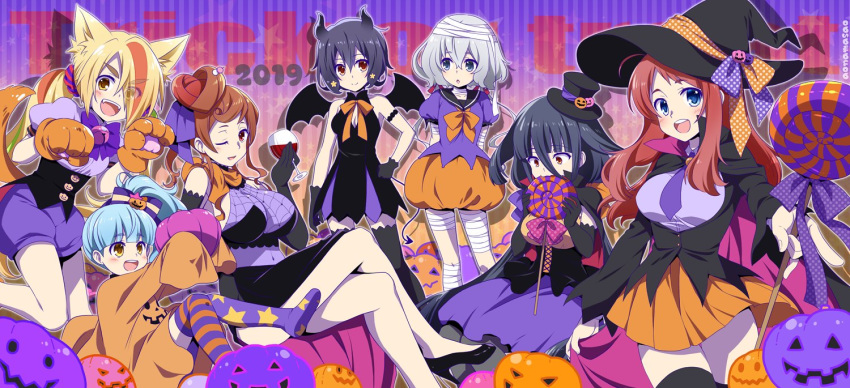 6+girls ahoge alcohol aona_masao bandages black_hair blonde_hair blue_hair bow breasts brown_hair candy cape covered_navel crossed_legs cup demon_horns demon_wings drinking_glass eating elbow_gloves food gloves grey_hair halloween halloween_costume hat horns hoshikawa_lily konno_junko lollipop long_hair minamoto_sakura mizuno_ai multiple_girls nikaidou_saki one_eye_closed paw_gloves paws pumpkin red_hair tail top_hat wine wine_glass wings witch_hat yamada_tae yuugiri_(zombie_land_saga) zombie_land_saga