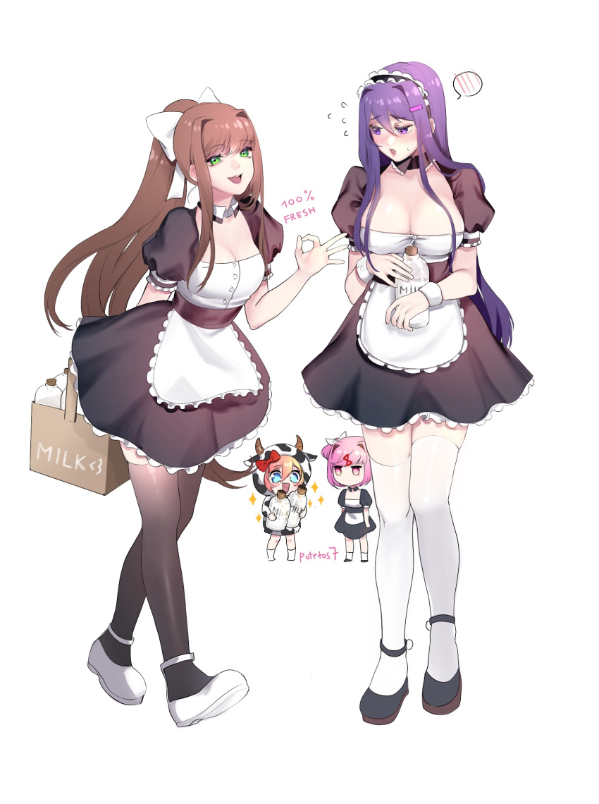 4girls alternate_costume animal_costume animal_ears animal_print apron black_legwear blue_eyes bottle bow breasts brown_hair chibi chibi_inset cleavage cow_costume cow_ears cow_hood cow_horns cow_print doki_doki_literature_club empty_eyes enmaided eyebrows_visible_through_hair green_eyes hair_between_eyes hair_bow hair_intakes highres horns large_breasts long_hair looking_at_viewer maid maid_apron maid_headdress mary_janes medium_breasts milk milk_bottle monika_(doki_doki_literature_club) multiple_girls natsuki_(doki_doki_literature_club) ok_sign orange_hair pink_eyes pink_hair ponytail potetos7 puffy_short_sleeves puffy_sleeves purple_eyes purple_hair sayori_(doki_doki_literature_club) shoes short_sleeves signature smile spoken_blush thighhighs very_long_hair waist_apron wash white_apron white_background white_bow yuri_(doki_doki_literature_club) zettai_ryouiki