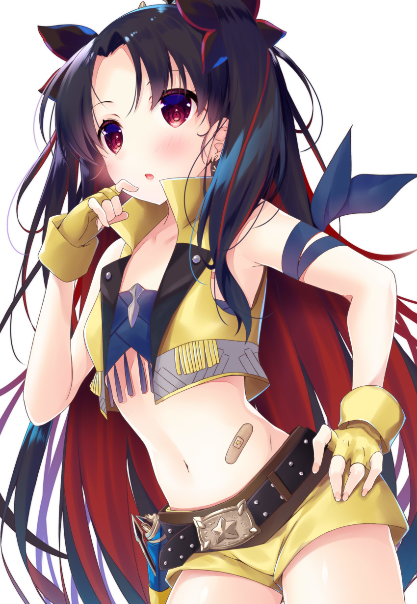 1girl bandaid bangs bare_shoulders belt belt_buckle black_belt black_hair black_ribbon blush buckle collarbone commentary_request earrings eyebrows_behind_hair fate/grand_order fate_(series) fingerless_gloves fingernails gloves hair_ribbon hands_on_hips highres ishtar_(fate/grand_order) jewelry ko_yu long_hair multicolored_hair nail_polish navel open_clothes open_vest parted_bangs parted_lips pink_nails red_eyes red_hair ribbon short_shorts shorts simple_background solo space_ishtar_(fate) two-tone_hair very_long_hair vest white_background yellow_gloves yellow_shorts yellow_vest