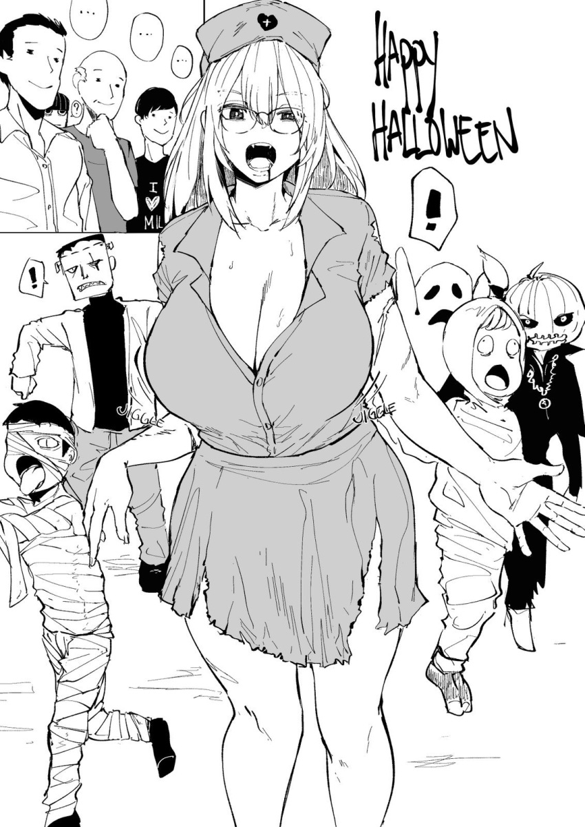 1girl bangs blood blood_from_mouth breasts child cleavage fangs ghost greyscale hair_between_eyes halloween halloween_costume highres large_breasts long_hair monochrome multiple_boys mummy_costume norman_maggot open_clothes open_mouth open_shirt original outstretched_arms parent party pumpkin_costume skirt standing teacher thighs torn_clothes torn_skirt zombie zombie_pose