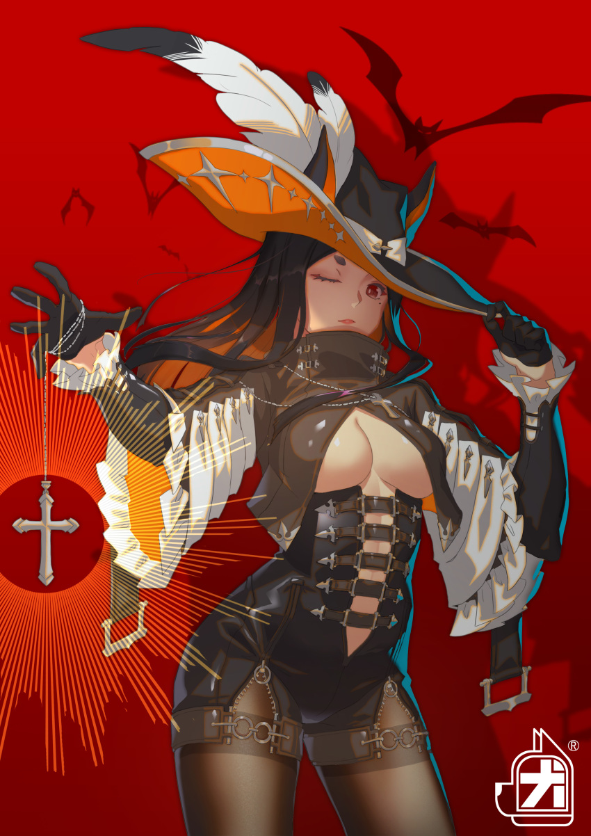 1girl ;) absurdres arknights bat black_capelet black_gloves black_hair black_headwear breasts capelet center_opening cleavage closed_mouth cowboy_shot cross dobermann_(arknights) frilled_sleeves frills gloves hand_on_hip hat_feather highres lanyaojun large_breasts layered_sleeves light_rays long_sleeves looking_back mole mole_under_eye multicolored_hair one_eye_closed orange_hair pantyhose red_background red_eyes red_lips revealing_clothes rosary simple_background smile solo thighband_pantyhose two-tone_hair zipper zipper_pull_tab