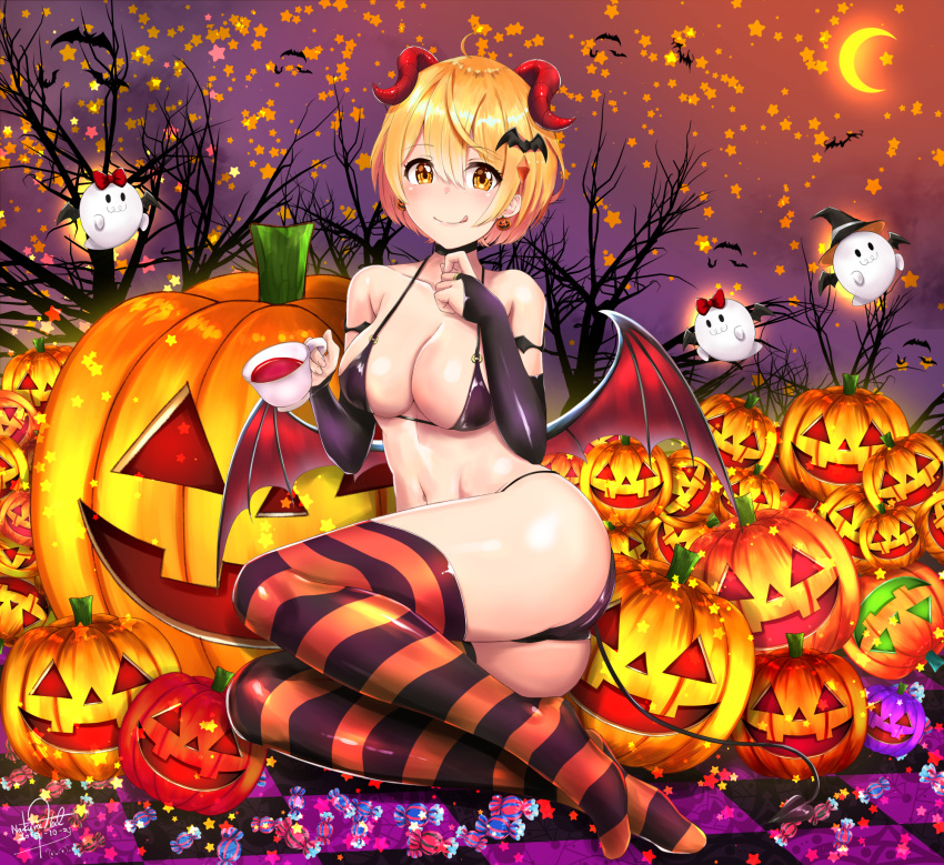 1girl :q ahoge ass bangs bare_shoulders bare_tree bat_hair_ornament bikini black_bikini black_choker black_headwear blonde_hair blush bow breasts bridal_gauntlets checkered choker cleavage closed_mouth collarbone crescent_moon cup dated demon_girl demon_horns demon_tail demon_wings earrings eyebrows_visible_through_hair food_themed_earrings full_body ghost gradient_sky hair_between_eyes hair_ornament halloween hat highres holding holding_cup hololive horns jewelry large_breasts looking_at_viewer moon nakura_haru orange_eyes orange_legwear outdoors pumpkin pumpkin_earrings red_bow short_hair signature sky smile solo star striped striped_legwear swimsuit tail tea teacup thighhighs tongue tongue_out tree virtual_youtuber wings witch_hat yozora_mel