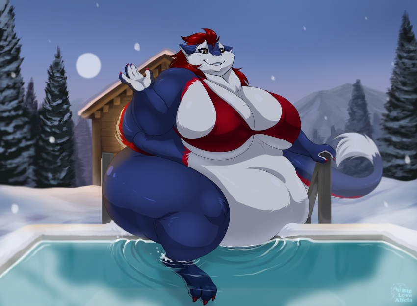 big_breasts biglovealicia blue_body blue_fur bra breasts building clothing curvy_figure detailed_background egk2 female fur hair hi_res hot_tub house huge_breasts mountain neck_tuft obese overweight overweight_female red_body red_fur red_hair sergal smile snow solo thick_thighs tree tuft underwear voluptuous white_body white_fur yellow_eyes