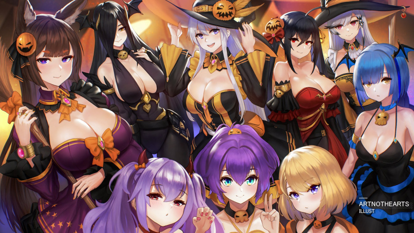 6+girls :d :o ahoge amagi_(azur_lane) animal_ears artist_name azur_lane bangs bare_shoulders belt black_dress black_hair black_headwear black_nails blonde_hair blue_dress blue_eyes blunt_bangs blush bow bracer breasts bridal_gauntlets broom brown_hair choker claw_pose cleavage collarbone demon_horns detached_collar detached_sleeves dress dunkerque_(azur_lane) edward_montenegro enterprise_(azur_lane) eyebrows_visible_through_hair food_themed_hair_ornament fox_ears fox_tail friedrich_der_grosse_(azur_lane) gascogne_(azur_lane) green_eyes grey_hair hair_between_eyes hair_bow hair_ornament halloween_costume hand_up hands_on_headwear hat head_wings highres holding holding_broom horns jack-o'-lantern javelin_(azur_lane) laffey_(azur_lane) large_breasts long_hair looking_at_viewer multiple_girls multiple_rings official_art open_mouth orange_dress orange_nails parted_lips pink_nails ponytail pumpkin_hair_ornament purple_dress purple_eyes purple_hair red_eyes short_hair sidelocks silver_hair skindentation sleeveless smile star star_print taihou_(azur_lane) tail thick_eyebrows twintails two-tone_dress v very_long_hair wide_sleeves witch witch_hat z23_(azur_lane)