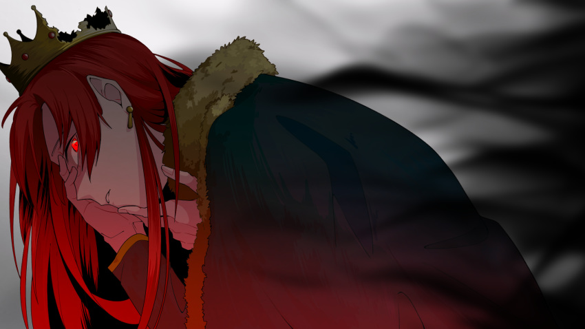 1girl angry bangs boudica_(fate/grand_order) cape capelet crown earrings fate/grand_order fate_(series) finger_to_chin from_side fur-trimmed_capelet fur_trim fuutaro_(aniwotakemoner) glowing glowing_eyes highres jewelry long_hair looking_at_viewer parted_lips red_eyes red_hair solo upper_body