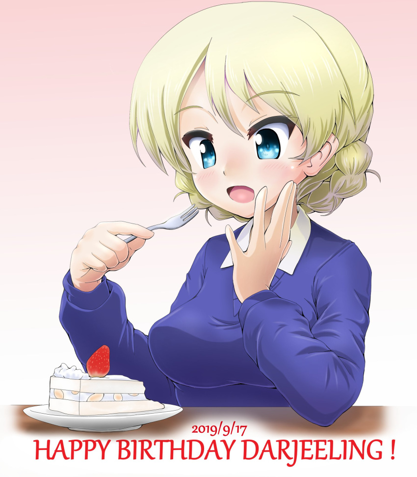 1girl bangs birthday_cake black_neckwear blonde_hair blue_eyes blue_sweater braid cake character_name commentary darjeeling dated daxz240r dress_shirt eating english_text eyebrows_visible_through_hair food fork fruit girls_und_panzer gradient gradient_background happy_birthday highres holding holding_fork light_blush long_sleeves necktie open_mouth pink_background saucer school_uniform shirt short_hair smile solo st._gloriana's_school_uniform strawberry sweater tied_hair twin_braids v-neck white_shirt wing_collar