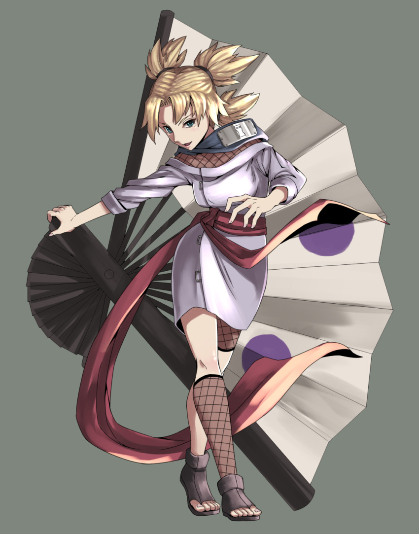 1girl blonde_hair blush esu_(sh_k504) fan fishnets forehead_protector green_eyes highres kneehighs naruto naruto_(series) ninja paper_fan short_twintails smile solo temari twintails