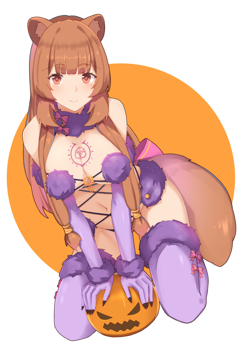 1girl animal_ear_fluff animal_ears bangs blush breast_tattoo breasts brown_hair closed_mouth cosplay dangerous_beast elbow_gloves eyebrows_visible_through_hair fate/grand_order fate_(series) fur-trimmed_gloves fur-trimmed_legwear fur_collar fur_trim gloves halloween halloween_costume highres jack-o'-lantern kusubii large_breasts long_hair looking_at_viewer mash_kyrielight mash_kyrielight_(cosplay) navel o-ring o-ring_top purple_gloves purple_legwear raccoon_ears raccoon_girl raccoon_tail raphtalia revealing_clothes smile solo tail tate_no_yuusha_no_nariagari tattoo thighhighs very_long_hair wolf_ears wolf_tail