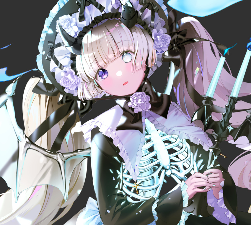 1girl bangs black_background black_headwear black_ribbon blonde_hair blue_eyes blue_nails blunt_bangs blush bonnet candelabra candle commentary cross demon_girl demon_horns demon_wings english_commentary eyebrows_visible_through_hair flower frilled_shirt_collar frilled_sleeves frills gothic_lolita halloween heterochromia highres holding horns lolita_fashion long_hair long_sleeves looking_at_viewer mullpull nail_polish original own_hands_together parted_lips purple_eyes ribbon ribs rose solo twintails upper_body very_long_hair white_flower white_rose white_wings wings