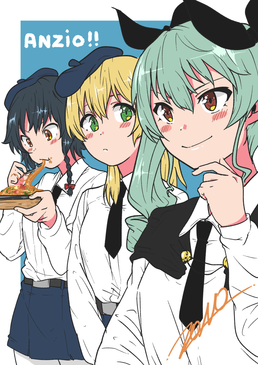 3girls absurdres anchovy anzio_school_uniform artist_name bangs belt beret black_belt black_cape black_hair black_headwear black_neckwear black_ribbon black_skirt blonde_hair blue_background blush_stickers braid brown_eyes cape carpaccio chin_grab closed_mouth commentary_request dress_shirt drill_hair eating food food_on_face fork frown girls_und_panzer green_eyes green_hair hair_ribbon hat highres holding holding_food holding_fork long_hair long_sleeves looking_at_another looking_to_the_side miniskirt multiple_girls necktie outside_border pantyhose pasta pepperoni_(girls_und_panzer) pleated_skirt red_eyes ribbon school_uniform shirt short_hair side_braid signature simple_background skirt smile standing twin_drills twintails white_legwear white_shirt zono_(inokura_syuzo029)