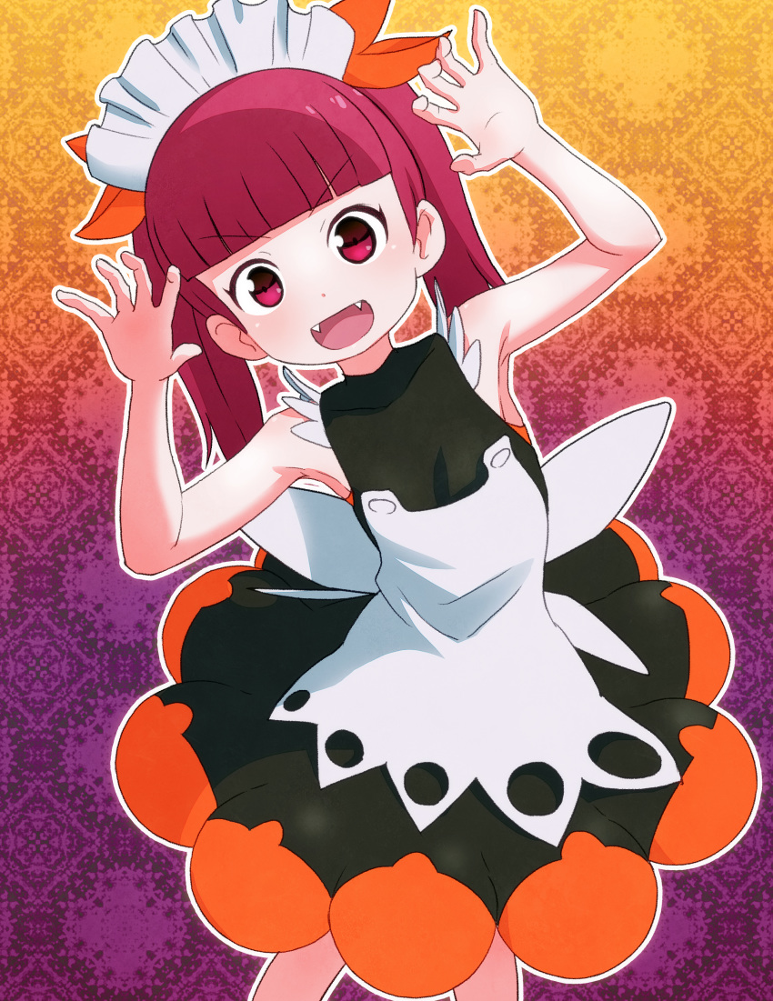 1girl :d absurdres alternate_color bangs bare_arms bare_shoulders blunt_bangs bonnet claw_pose commentary_request dress eyebrows_visible_through_hair fangs hair_ribbon hands_up highres kemurikusa long_hair looking_at_viewer open_mouth orange_ribbon outline pink_eyes red_hair ribbon rina_(kemurikusa) sat-c sleeveless sleeveless_dress smile solo twintails v-shaped_eyebrows white_outline