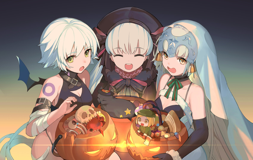 3girls artist_request bandaged_arm bandages bangs bare_shoulders bat_wings black_cat black_gloves black_headwear blonde_hair breasts candy cat character_doll cleavage closed_eyes collarbone commentary_request elbow_gloves eyebrows_visible_through_hair fate/grand_order fate_(series) food fruit gloves green_eyes green_ribbon halloween happy hat headpiece highres holding jack_the_ripper_(fate/apocrypha) jeanne_d'arc_(fate)_(all) jeanne_d'arc_alter_santa_lily long_hair looking_at_viewer multiple_girls nursery_rhyme_(fate/extra) open_mouth paul_bunyan_(fate/grand_order) pumpkin ribbon scar short_hair silver_hair skull small_breasts upper_teeth very_long_hair white_hair wings witch_hat