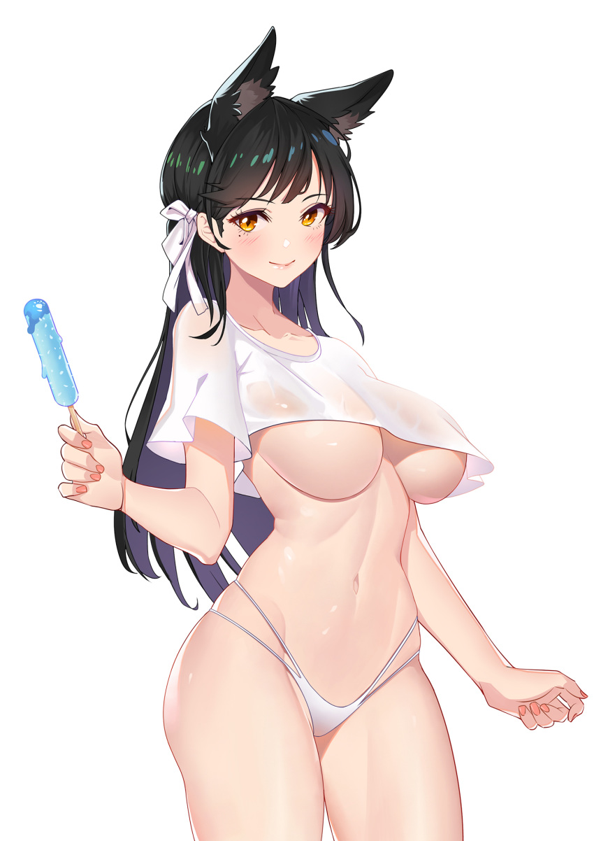 1girl animal_ears arm_at_side atago_(azur_lane) azur_lane bangs black_hair blush breasts chungmechanic closed_mouth collarbone commentary_request cowboy_shot crop_top cropped_shirt eyebrows_visible_through_hair eyelashes fingernails groin hair_ribbon hand_up highres large_breasts long_fingernails long_hair looking_at_viewer midriff mole mole_under_eye multi-strapped_bikini_bottom nail_polish navel no_bra pink_nails ribbon shirt short_sleeves sidelocks simple_background smile solo standing stomach underboob white_background white_bikini_bottom white_ribbon white_shirt yellow_eyes