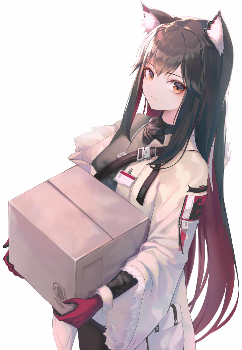 1girl absurdres animal_ear_fluff animal_ears arknights black_hair black_shirt box cardboard_box carrying cat_ears closed_mouth coat cowboy_shot dog_tags ear_piercing expressionless frostscent gloves highres id_card long_hair long_sleeves looking_at_viewer multicolored_hair open_clothes open_coat orange_eyes pantyhose piercing red_gloves red_hair shirt simple_background solo standing strap texas_(arknights) two-tone_hair very_long_hair white_background white_coat