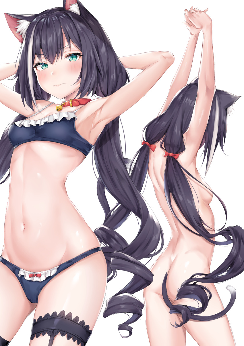 1girl absurdres animal_ear_fluff animal_ears armpits arms_up ass back bangs bell bell_collar black_hair blue_bra blue_panties blush bow bow_panties bra breasts cat_ears cat_tail closed_mouth coffeedog collar eyebrows_visible_through_hair frilled_bra frilled_panties frills green_eyes hair_between_eyes highres huge_filesize jingle_bell kyaru_(princess_connect) long_hair looking_at_viewer low_twintails multicolored_hair multiple_views navel nude panties princess_connect! princess_connect!_re:dive red_collar simple_background small_breasts streaked_hair tail twintails underwear underwear_only very_long_hair white_background white_hair