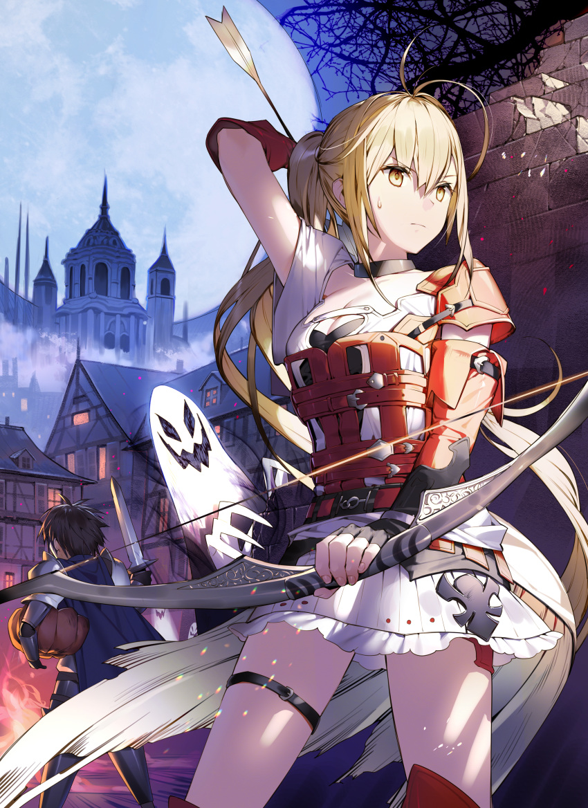 &gt;:( 1boy 1girl absurdres antenna_hair arm_up armor arrow black_cape black_choker blonde_hair bow_(weapon) breasts brick_wall brown_eyes building cape carrot castle choker cleavage cowboy_shot fingernails fire full_moon ghost halloween highres holding holding_bow_(weapon) holding_sword holding_weapon house huge_filesize long_hair looking_away looking_to_the_side medium_breasts miniskirt misoni_comi moon original outdoors pauldrons ponytail pumpkin serious short_sleeves shoulder_armor sidelocks skirt solo standing sweat sword thigh_strap town vambraces very_long_hair weapon white_skirt yellow_eyes