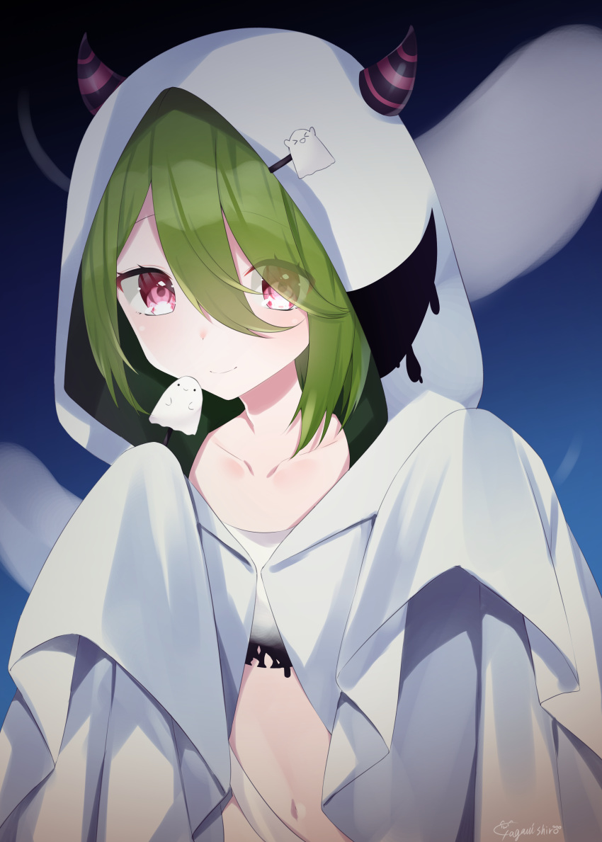 1girl abe_suke absurdres bangs black_background blue_background blush cloak closed_mouth collarbone commentary_request eyebrows_visible_through_hair eyes_visible_through_hair fake_horns ghost gradient gradient_background green_hair hair_between_eyes hand_up highres holding hood hood_up hooded_cloak horned_hood navel original red_eyes signature smile solo upper_body white_cloak