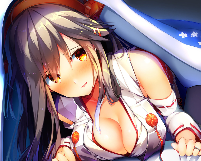 1boy :d bare_shoulders black_hair blush breasts brown_eyes cleavage clothes_grab commentary detached_sleeves hair_ornament hairband hairclip haruna_(kantai_collection) head_tilt headgear highres japanese_clothes jewelry kantai_collection large_breasts long_hair looking_at_viewer multiple_girls nontraditional_miko open_mouth pov remodel_(kantai_collection) ring smile tsukui_kachou under_covers wedding_band