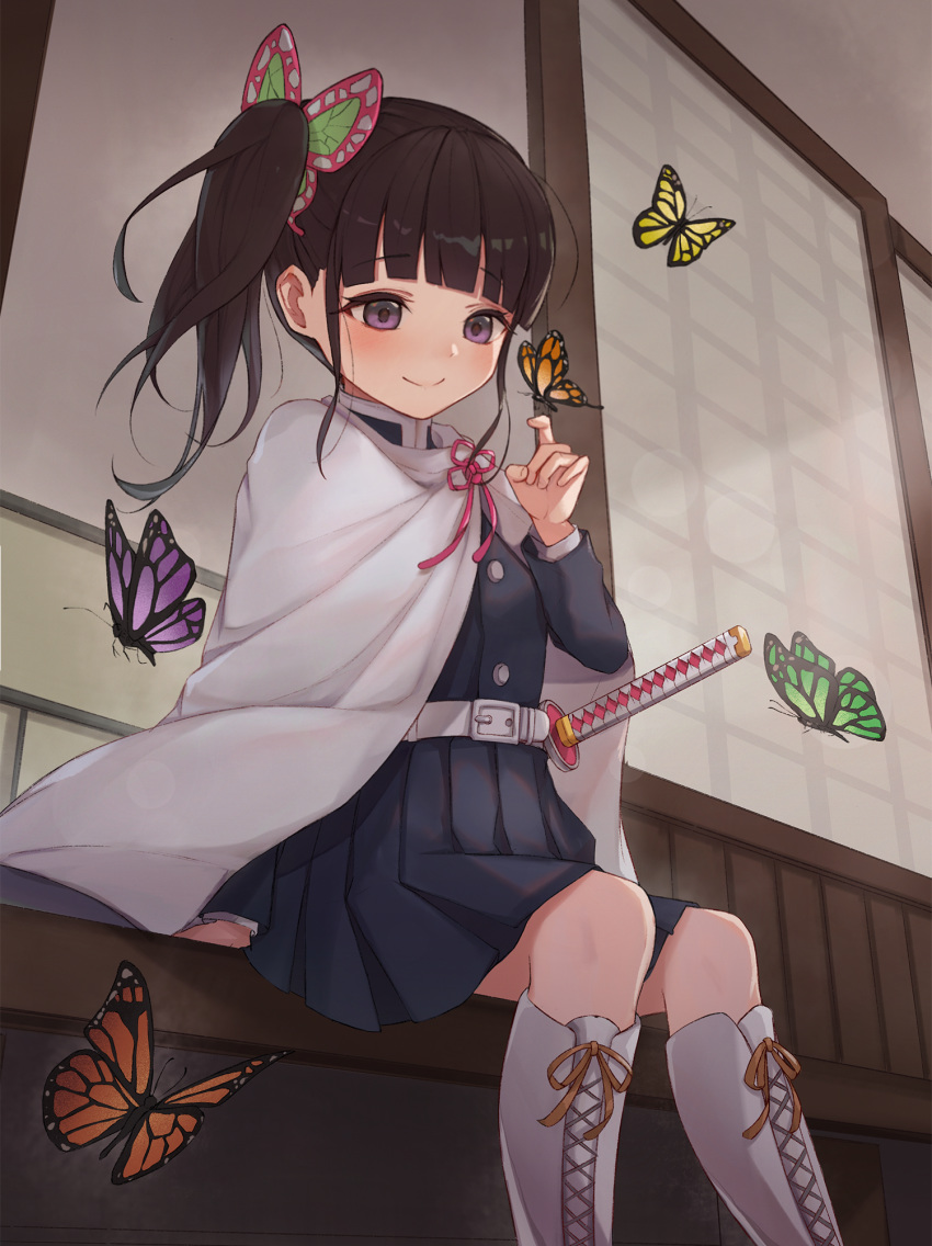 1girl bangs belt black_hair boots bug butterfly butterfly_hair_ornament commentary_request cross-laced_footwear eyebrows_visible_through_hair from_below green_butterfly hair_ornament highres insect katana kimetsu_no_yaiba knee_boots lace-up_boots long_hair long_sleeves lunia orange_butterfly orange_ribbon pleated_skirt purple_butterfly purple_eyes ribbon side_ponytail sitting skirt smile solo sword tsuyuri_kanao weapon white_belt white_footwear yellow_butterfly