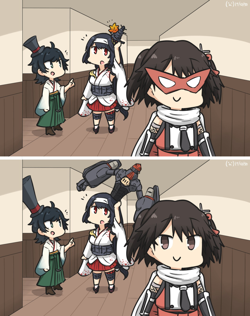 3girls ahoge bangs big_o_(mecha) black_gloves black_hair brown_footwear brown_hair commentary_request dated detached_sleeves double-breasted elbow_gloves floral_print fusou_(kantai_collection) gauntlets gloves green_eyes green_hakama hair_ornament hakama hakama_skirt hallway hamu_koutarou hat headband highres japanese_clothes kantai_collection leaf long_hair maple_leaf mask matsukaze_(kantai_collection) meiji_schoolgirl_uniform mini_hat mini_top_hat multiple_girls red_eyes red_skirt remodel_(kantai_collection) robot scarf school_uniform sendai_(kantai_collection) serafuku short_hair skirt spot_the_differences swept_bangs the_big_o top_hat two_side_up upper_body wavy_hair white_headband white_scarf wooden_floor