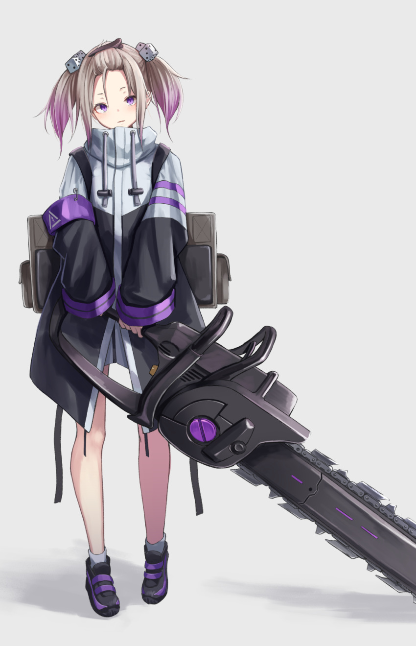 1girl armband bag bangs_pinned_back bare_legs black_coat black_footwear blush brown_hair dice_hair_ornament drawstring full_body gradient_hair grey_background hair_ornament high_collar highres holding holding_weapon huge_weapon knoy3356 looking_at_viewer multicolored_hair original panties purple_eyes purple_hair safety_pin short_hair short_twintails sidelocks simple_background smile socks solo standing twintails underwear weapon