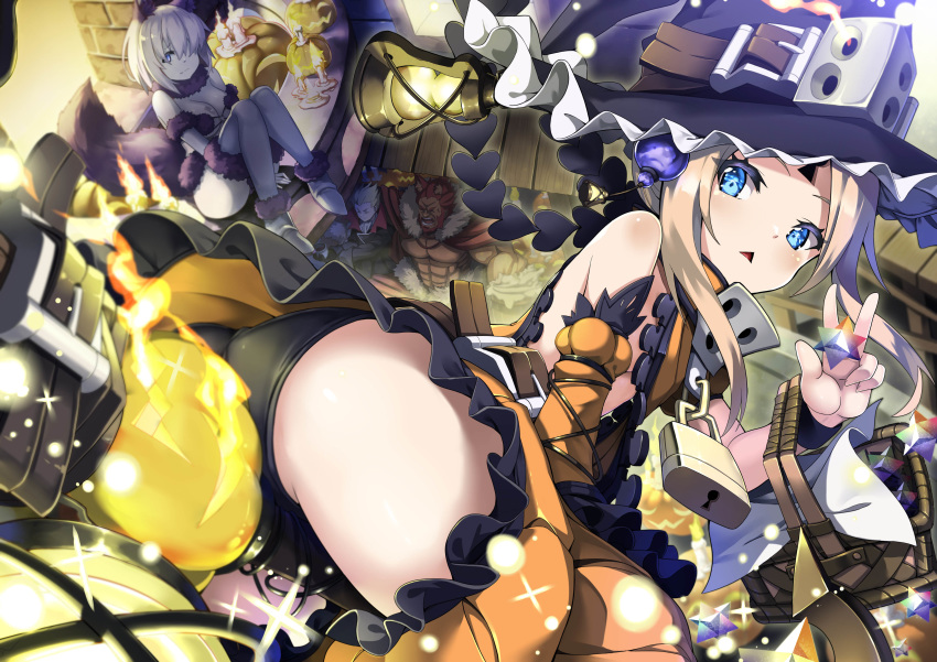 2boys 2girls :&lt; abigail_williams_(fate/grand_order) absurdres ass bangs bare_shoulders basket black_headwear black_panties blonde_hair blue_eyes blush breasts dangerous_beast detached_sleeves fate/grand_order fate_(series) forehead frills gilgamesh halloween halloween_costume hat highres jack-o'-lantern jie_laite keyhole lantern lock long_hair looking_at_viewer looking_back mash_kyrielight multiple_boys multiple_girls open_mouth orange_skirt padlock panties parted_bangs rider_(fate/zero) saint_quartz sidelocks skirt small_breasts solo_focus sparkle thighs triangle_mouth underwear witch_hat